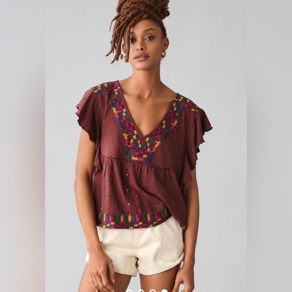 By Anthropologie Short Sleeve Top Embroidered NWT $98 Medium SOFT - Picture 1 of 10